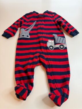 Carter's Red and Navy Striped Construction Appliqué Footed One-Piece